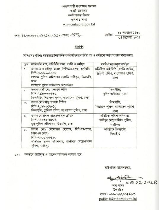 সাবেক ডিএমপি প্রধান মাইনুল ট্যুরিস্ট পুলিশের দায়িত্বে