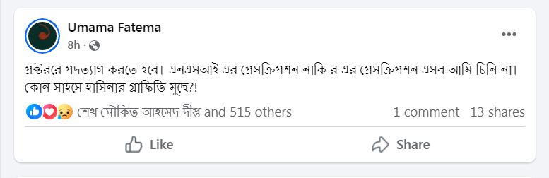 কোন সাহসে হাসিনার গ্রাফিতি মোছে, প্রশ্ন উমামা ফাতেমার